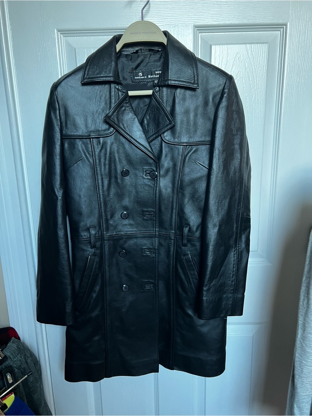 Ovi Black Leather Double-Breasted Trench Coat